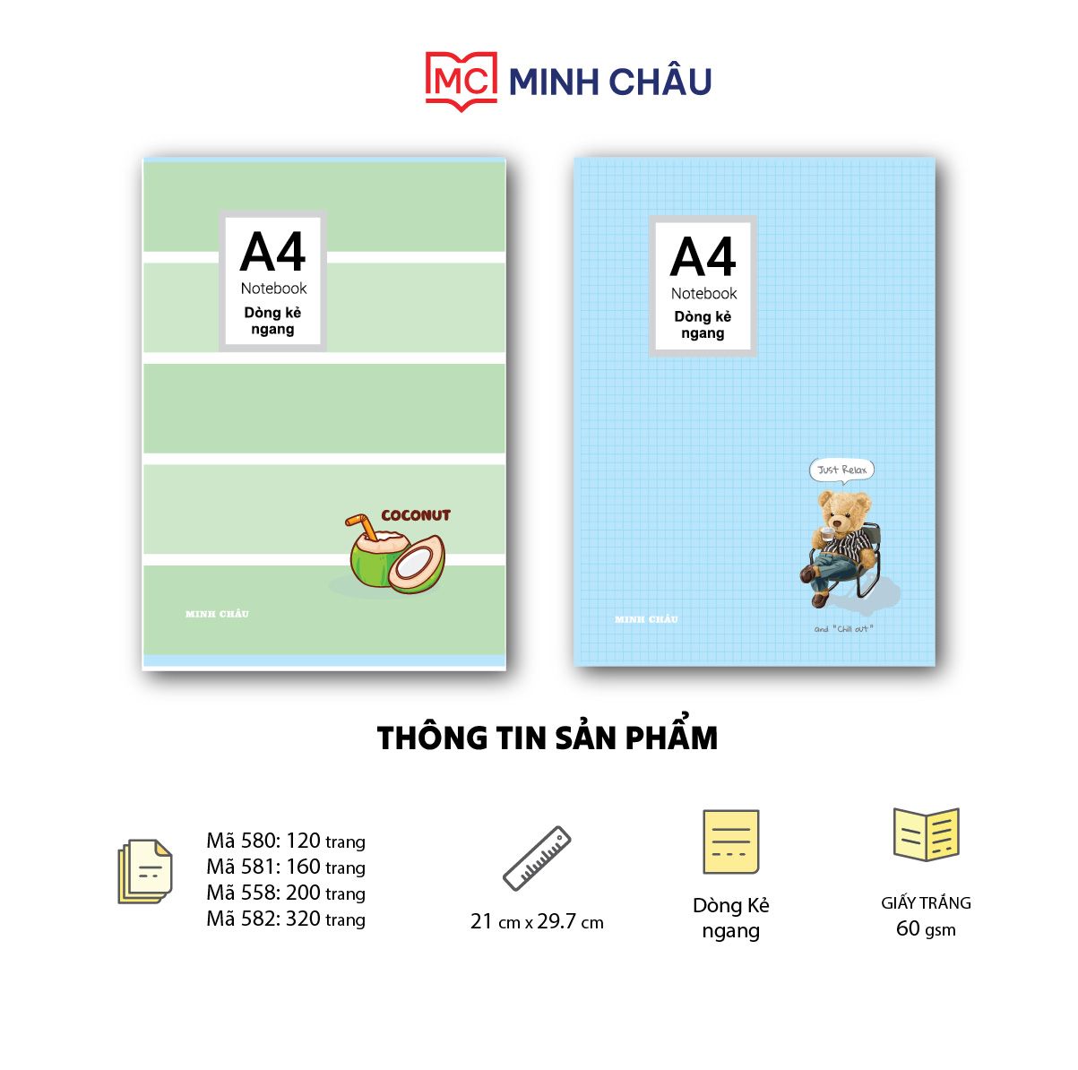 Notebook A4 dòng kẻ ngang (Mã 581 - 580 - 558 - 582)