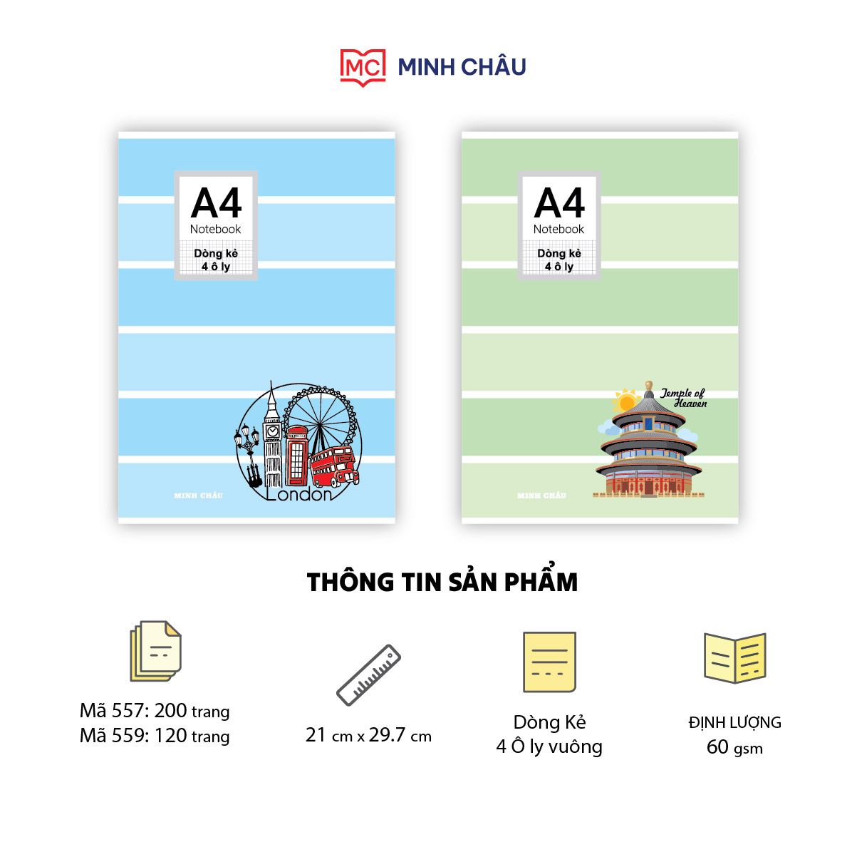 Notebook A4 dòng kẻ 4 Ô ly (Mã 557 - 559)