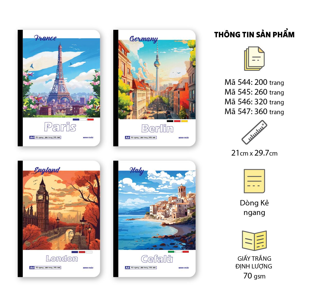 Sổ bìa bồi may, dán gáy A4, 70gsm (Mã 544-545-546-547)