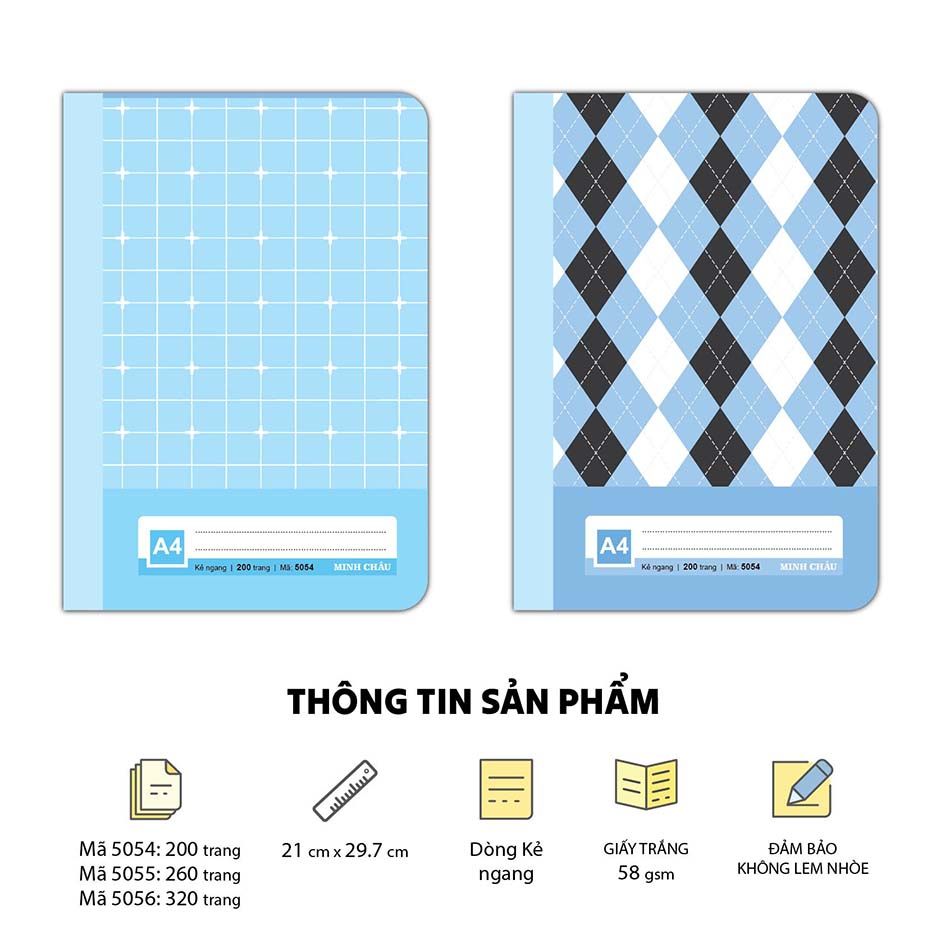 Sổ cao cấp bìa bồi,  may gáy  A4 (Bộ mẫu Kẻ - Mã số 5054-5055-5056)