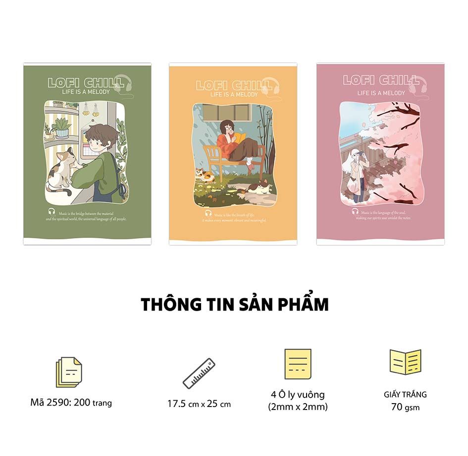  Vở 4 Ô ly ghim gáy (2m x 2mm), 17.5 x 25cm, Giấy trắng ĐL 70gsm, 200 trang, Bộ Lofi Chill (Mã 2590)