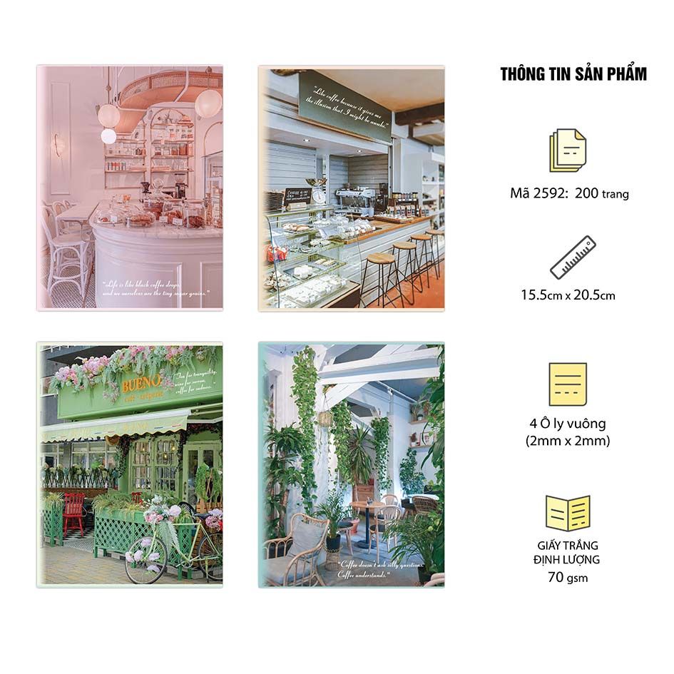 Vở 4 Ô ly ghim gáy (loại 2mm x 2mm), 15.5 x 20.5cm, Giấy trắng ĐL 70gsm, 200 trang, Bộ Cafe Shop (Mã 2592)
