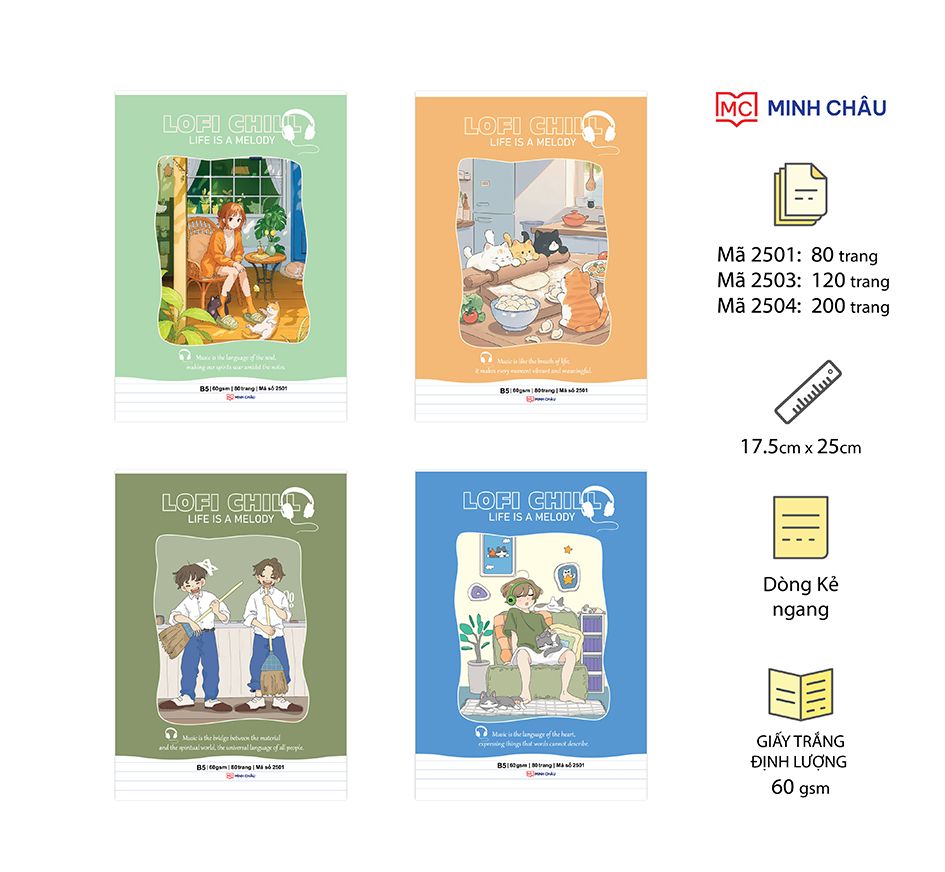 Vở kẻ ngang KT 17.5 x 25 , Mẫu Lofi (Mã 2501 - 2503 - 2504)